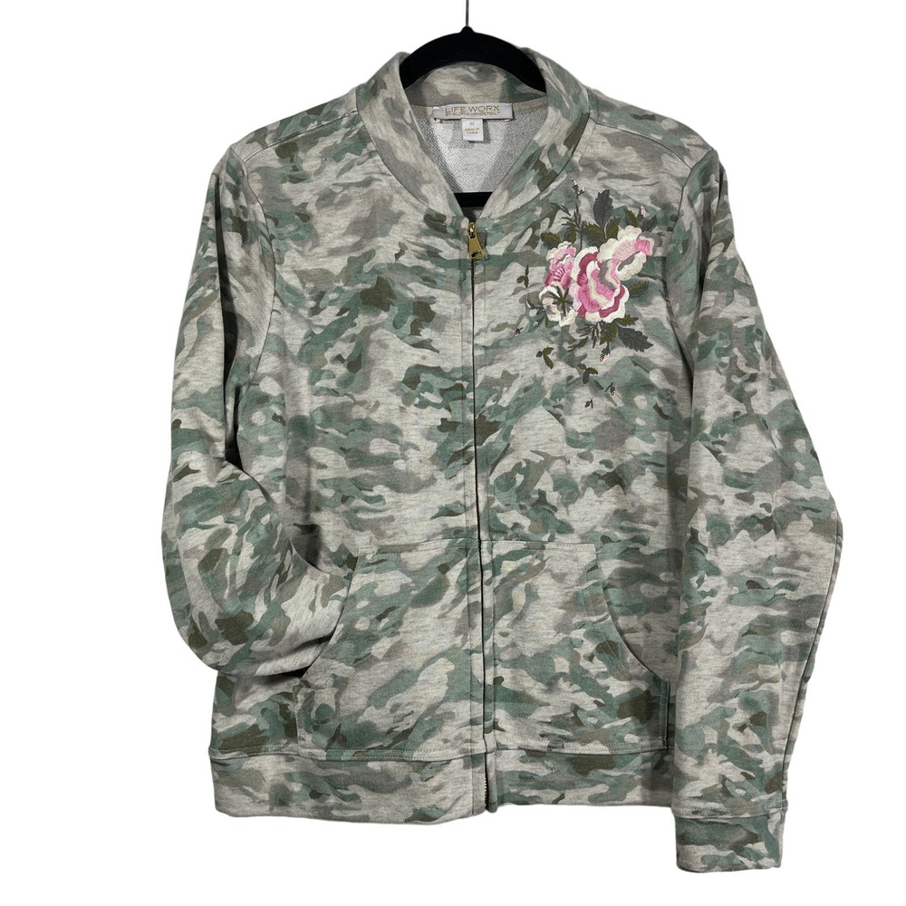 Life Worx‎ by Gloria Vanderbilt Camo Print Floral Zip Up Sweatshirt Women’s M